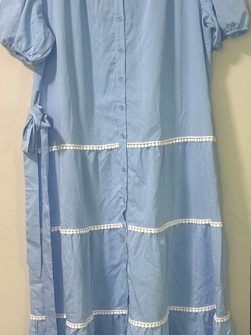 Light Blue Button-Front Maxi Dress with Tie Waist
